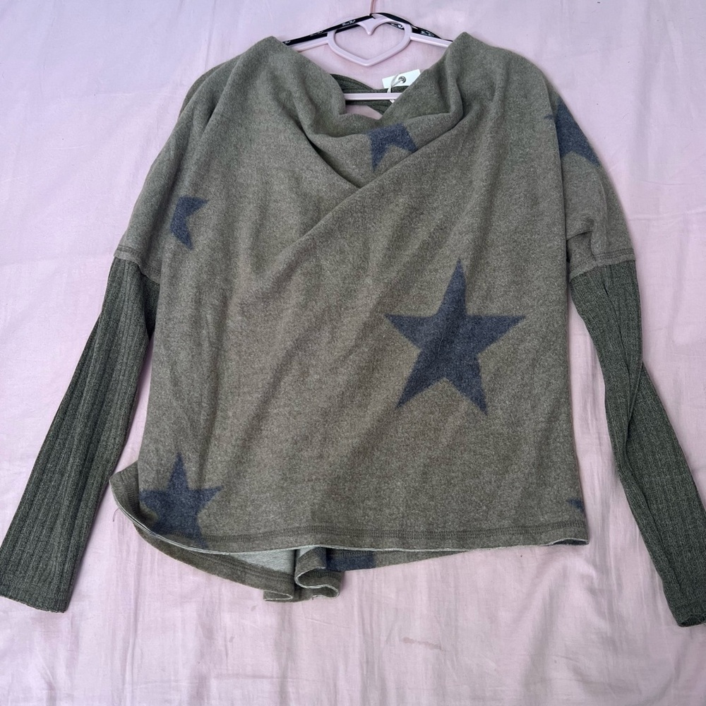 Miss Me Olive Star Pattern Cowl Neck Sweater